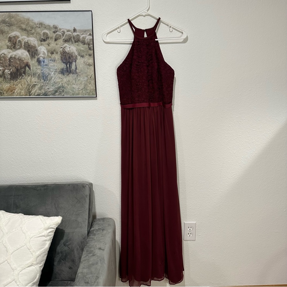 David’s Bridal Lace Halter Top Formal Floor Length Maxi Dress with Belt - Picture 2 of 8